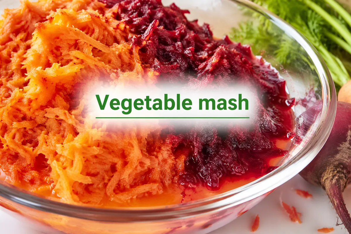 Grated carrot and beetroot mash in a glass bowl, the kind of fibrous vegetable base used in juice blends