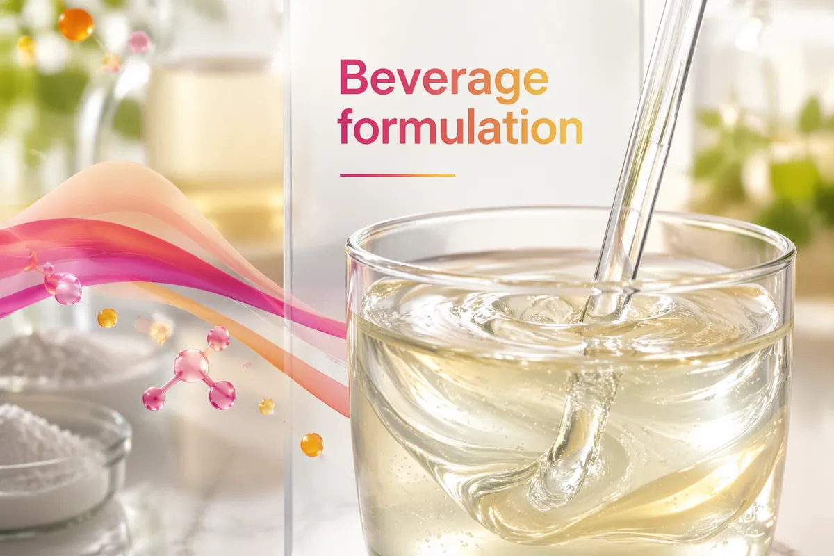 A starch-based beverage base being stirred in a glass beaker next to small dishes of white ingredient powder